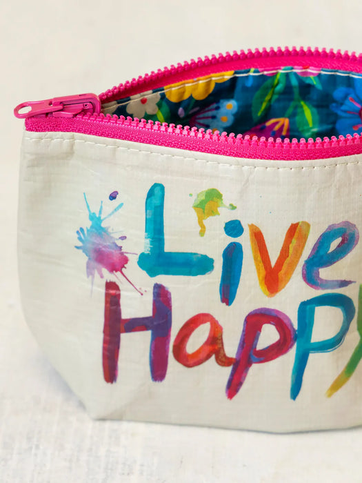 Colorful pouch with 'Live Happy' text and pink zipper on a white background