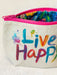 Colorful pouch with 'Live Happy' text and pink zipper on a white background