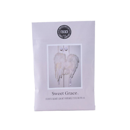 Package of 'Sweet Grace' scented sachet with a white feathered design on a white background