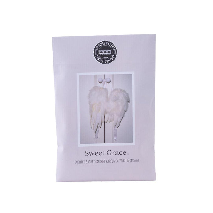 Package of 'Sweet Grace' scented sachet with a white feathered design on a white background