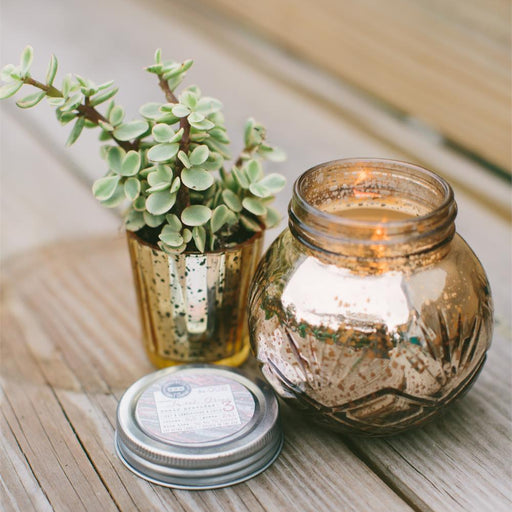 Decorative glass jar with candle, small potted plant, and lid on a wooden surface