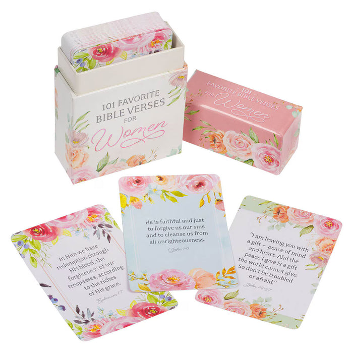 Set of '101 Favorite Bible Verses for Women' cards with floral design on a white background