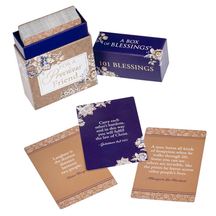 Box of Blessings with cards featuring inspirational quotes on a white background