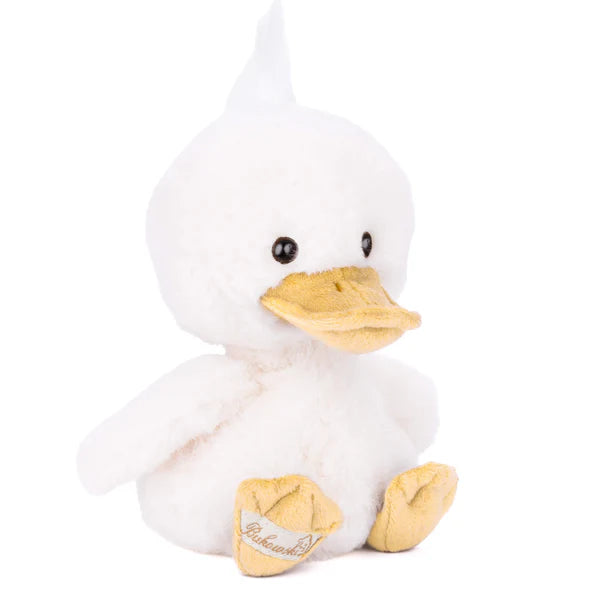 White plush duck toy with a yellow beak and feet on a white background
