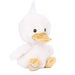 White plush duck toy with a yellow beak and feet on a white background
