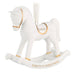 White rocking horse ornament with gold accents and 'Baby's 1st Christmas' text on a white background