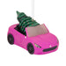 A pink convertible car Christmas ornament with a green Christmas tree inside, hanging from a white ribbon on a white background.