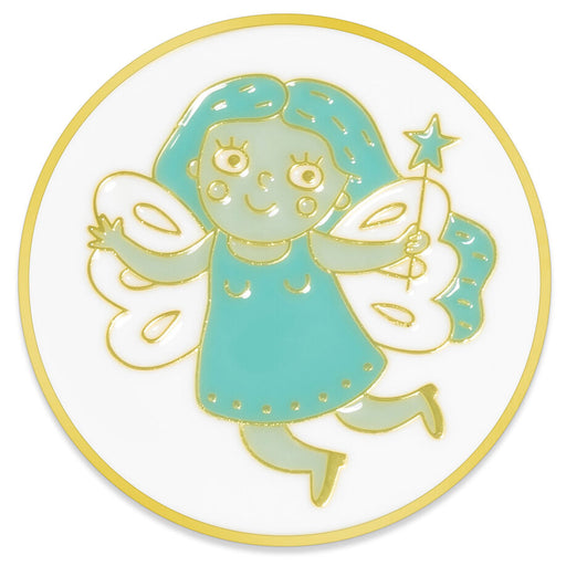 A circular white enamel pin featuring a whimsical fairy character with light blue-green hair and dress, outlined in gold, holding a gold star wand.