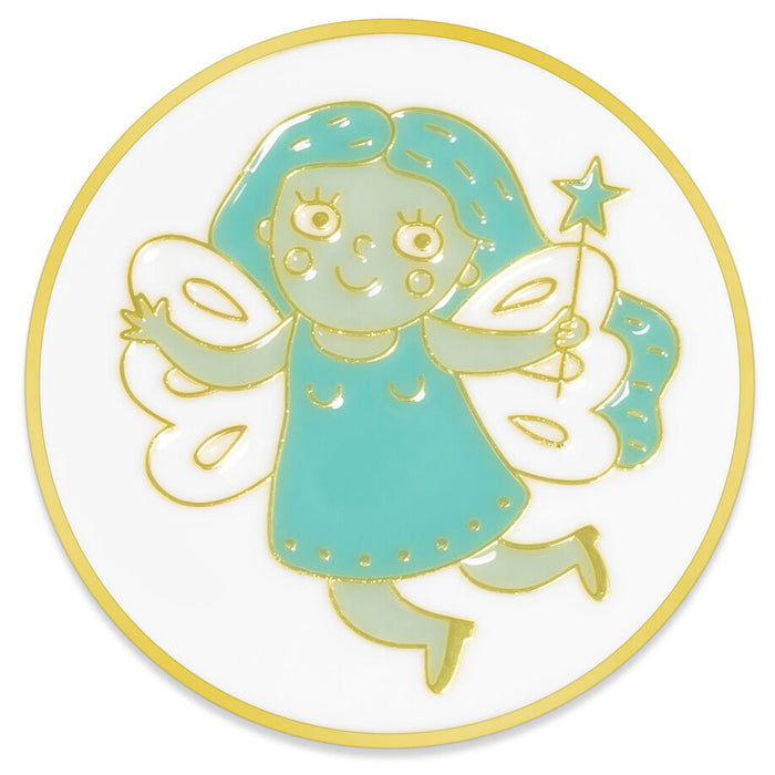 A circular white enamel pin featuring a whimsical fairy character with light blue-green hair and dress, outlined in gold, holding a gold star wand.