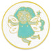 A circular white enamel pin featuring a whimsical fairy character with light blue-green hair and dress, outlined in gold, holding a gold star wand.