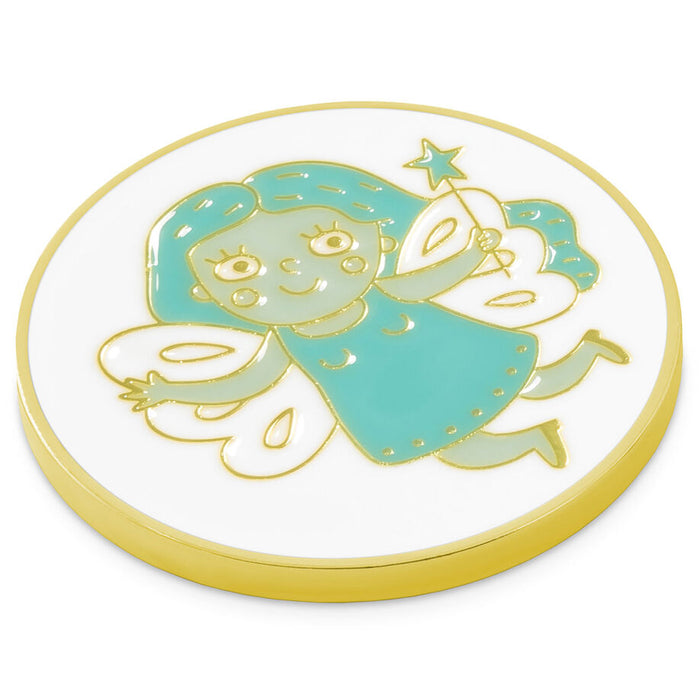 A round white token with a gold metallic rim and a central illustration of a cute fairy in light blue-green with gold outlines, holding a star wand.