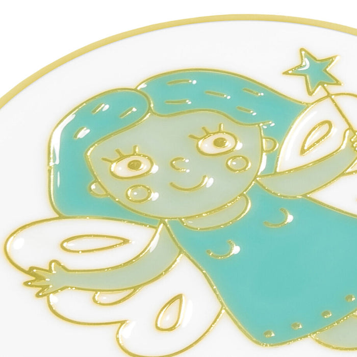 A close-up of a glossy enamel pin depicting a cute fairy character with light aqua hair and dress outlined in gold, holding a gold star wand, on a white background.