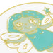 A close-up of a glossy enamel pin depicting a cute fairy character with light aqua hair and dress outlined in gold, holding a gold star wand, on a white background.