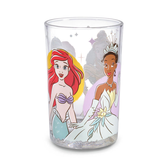 Clear tumbler with Disney princess illustrations on a white background