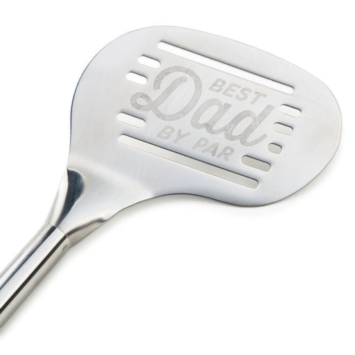 Metal spatula with 'Best Dad by Par' engraving on a white background