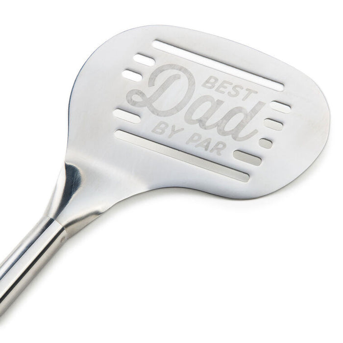 Metal spatula with 'Best Dad by Par' engraving on a white background