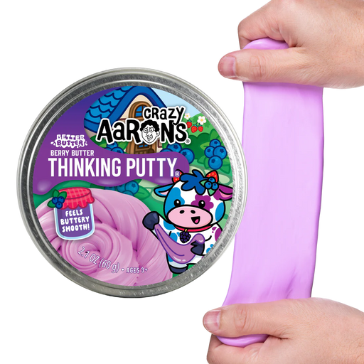 Crazy Aaron's Thinking Putty with a purple putty snake held by a hand against a white background