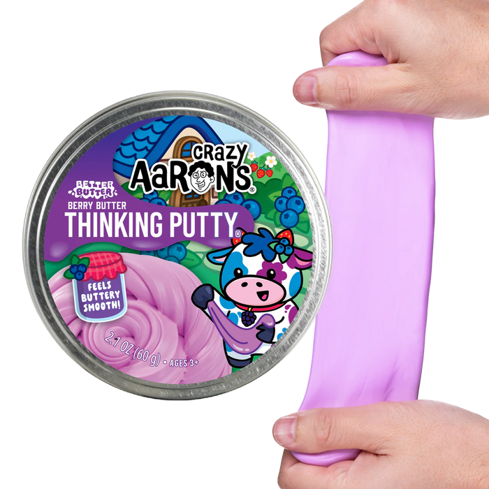 Crazy Aaron's Thinking Putty with a purple putty snake held by a hand against a white background