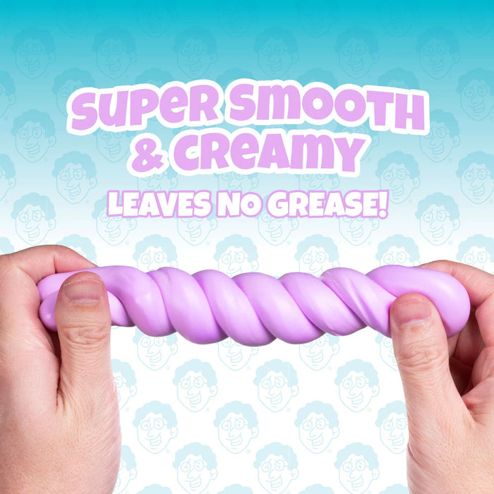 Purple rope toy held by hands with promotional text on a blue background