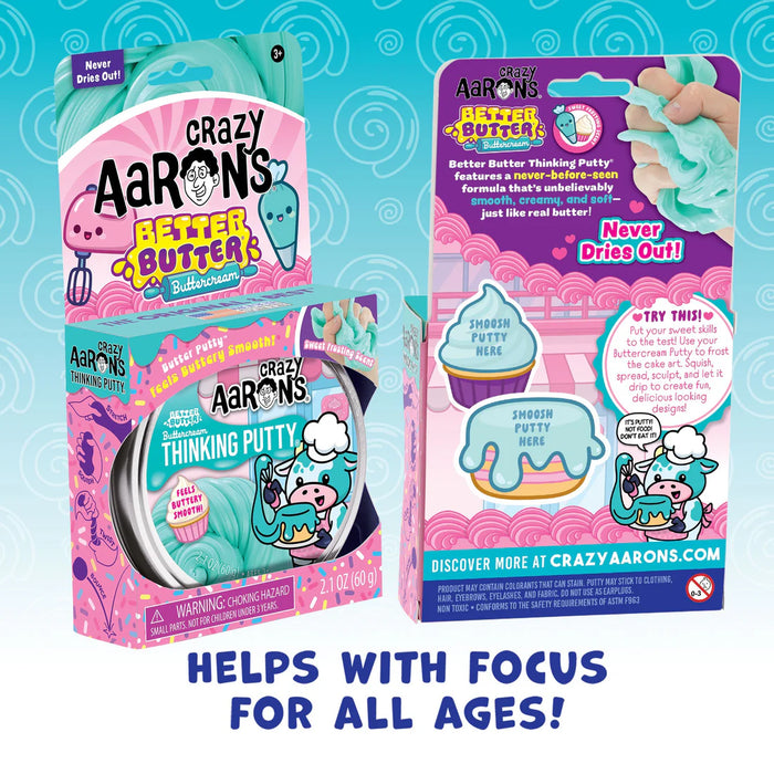 Two packages of Crazy Aaron's Better Butter and Thinking Putty on a blue background with promotional text.