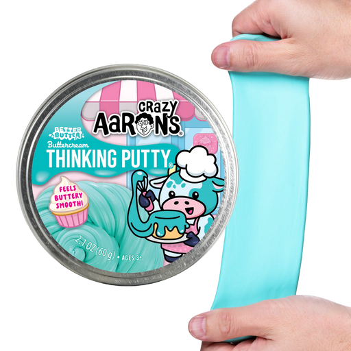 Crazy Aaron's Thinking Putty container with a hand stretching blue putty.