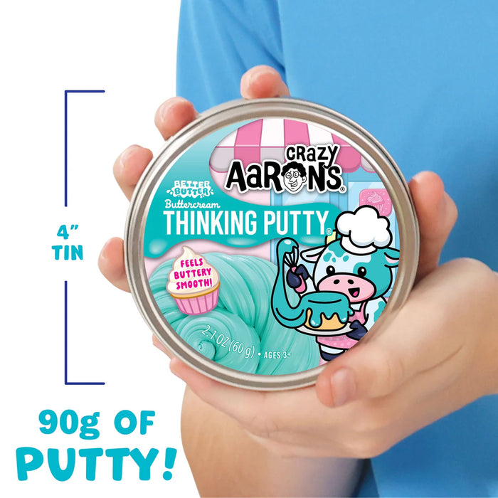 Crazy Aaron's Thinking Putty container held by a person with product details on a blue background