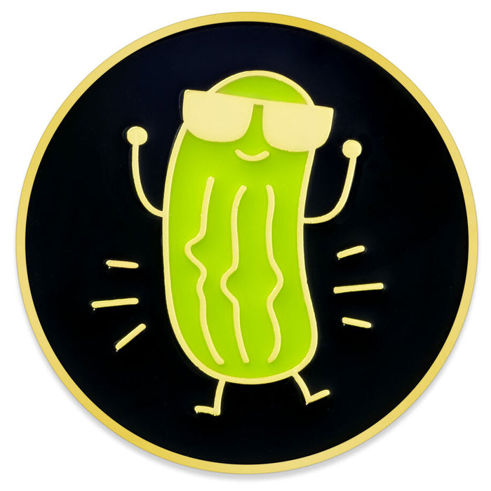 Green pickle character with sunglasses on a black background
