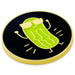 A round black and gold enamel pin featuring a cartoon pickle wearing yellow sunglasses, shown on a plain white background.