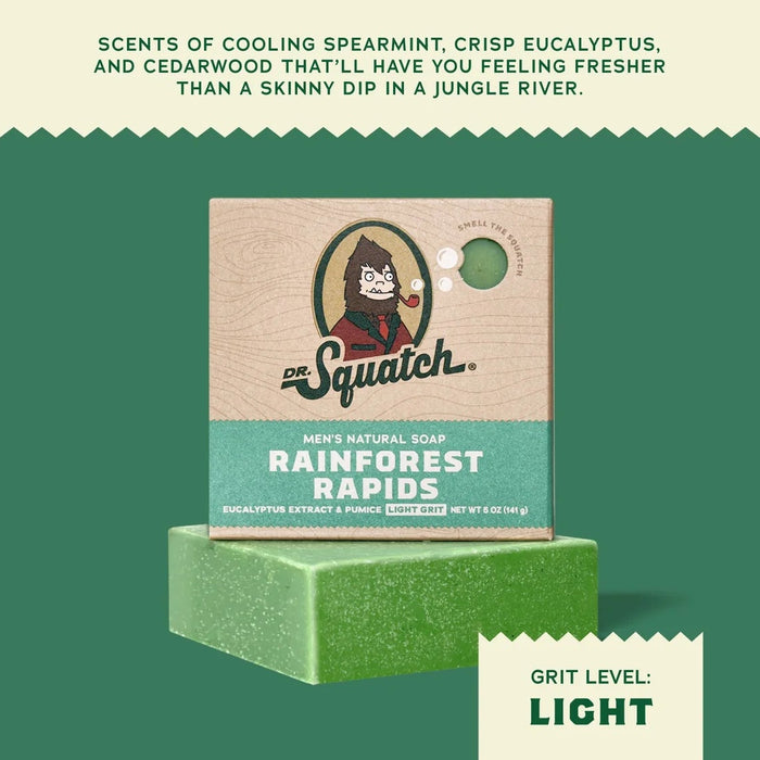 Green soap bar with 'Squatch' packaging on a green background