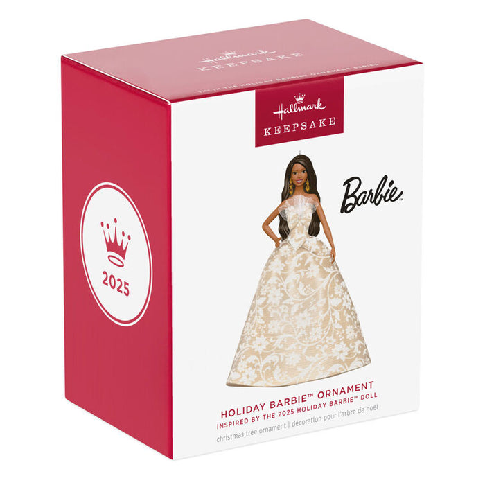 Hallmark Keepsake 2025 Holiday Barbie Ornament packaging with Barbie doll image.