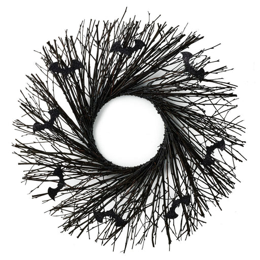 A black twig-style circular wreath decorated with small black bat silhouettes, shown on a plain white background.
