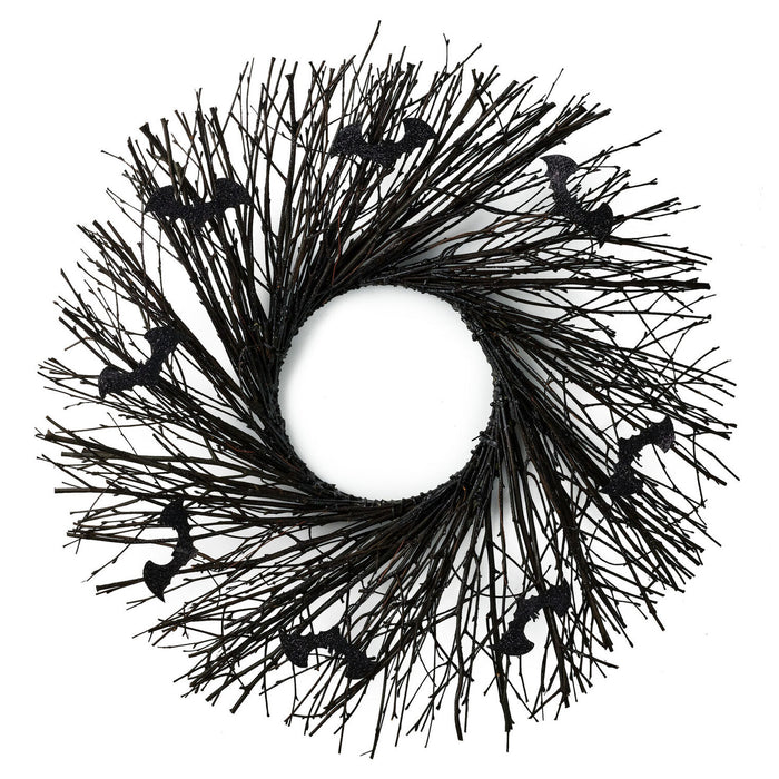 A black twig-style circular wreath decorated with small black bat silhouettes, shown on a plain white background.