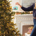 Person decorating a Christmas tree with a photo ornament in a festive living room.