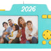 Teal toy camera ornament with a family photo and '2026' on a white background