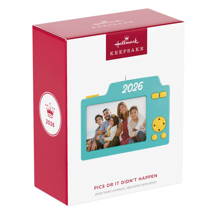 Hallmark 2026 photo ornament packaging with family photo on a white background