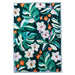 Tropical leaf and flower patterned rug on a white background