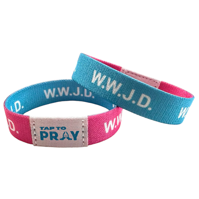 Two wristbands with 'W.W.J.D.' text on a white background