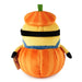 A plush toy shaped like a pumpkin character with orange and yellow vertical stripes, a black band, a blue patterned band, and a small green stem on top, photographed on a white background.
