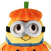 A plush Minion character dressed as a pumpkin, featuring an orange striped beret, large silver goggles, a blue denim-style scarf, and a yellow body on a white background.