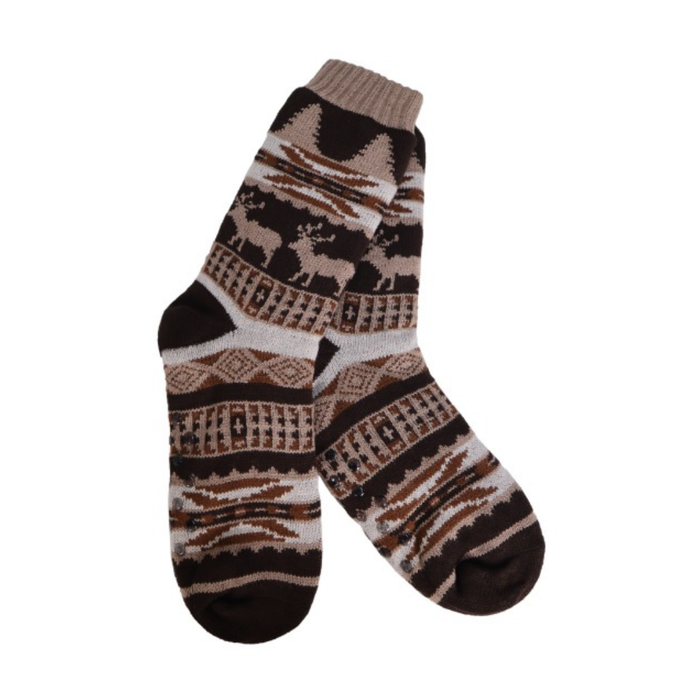 Pair of patterned socks with deer design on a white background