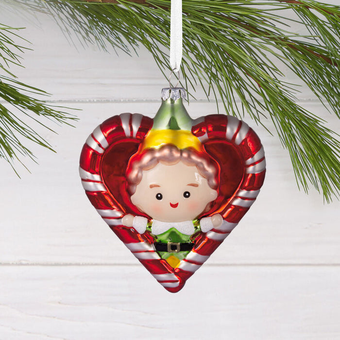 Heart-shaped Christmas ornament with an elf design on a white background