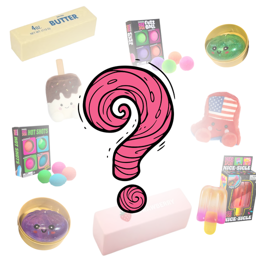 A collage of cute novelty squishy and ice-sicle style toys arranged around a large pink question mark on a white background. Visible items include a butter-shaped toy, a chocolate-dipped ice pop, a colorful round slime toy, a pink chair-shaped ice pick toy with an American flag, a purple round slime toy, and boxed toys labeled Ice Sicle and Hot Shots.