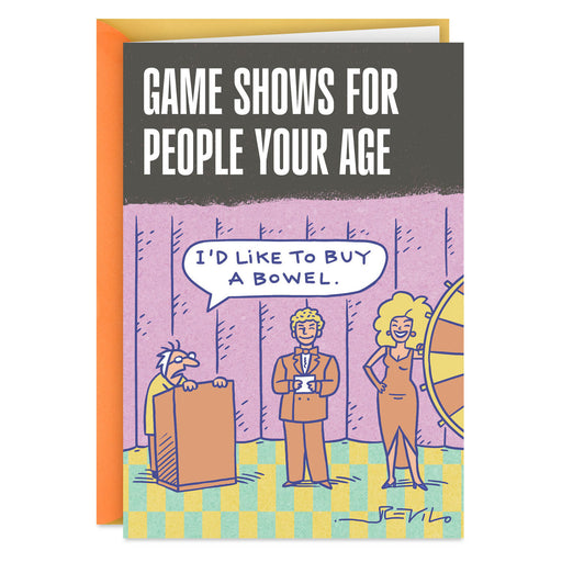 Card with cartoon illustration of people on a game show and humorous text.