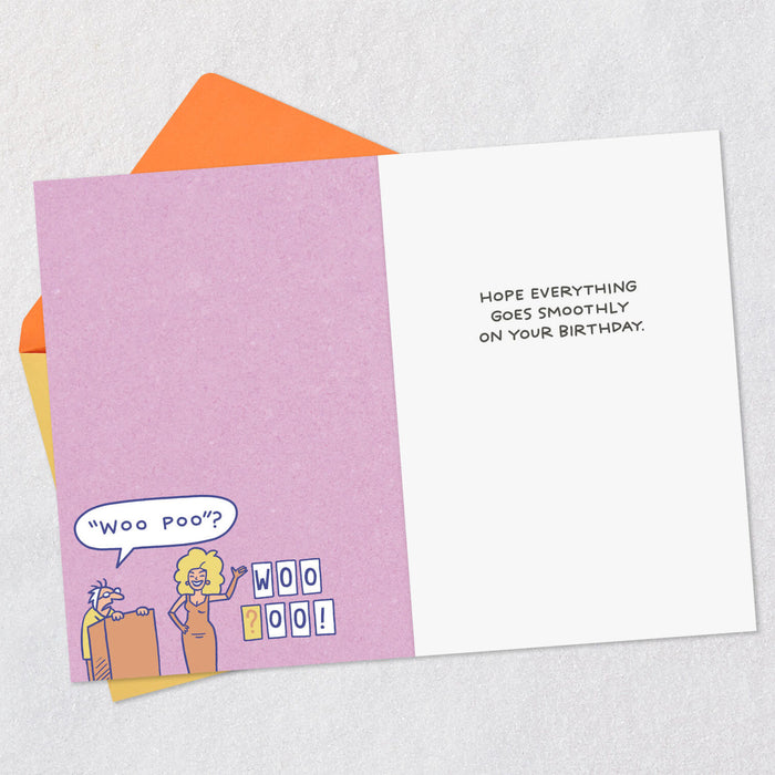 Greeting card with cartoon characters and text on a light gray background