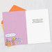 Greeting card with cartoon characters and text on a light gray background