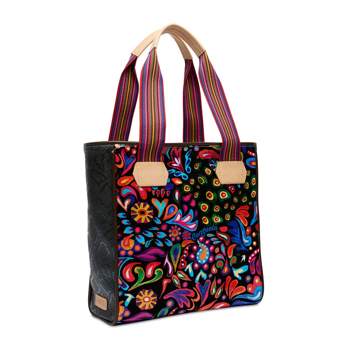 Colorful floral-patterned tote bag with striped handles on a white background