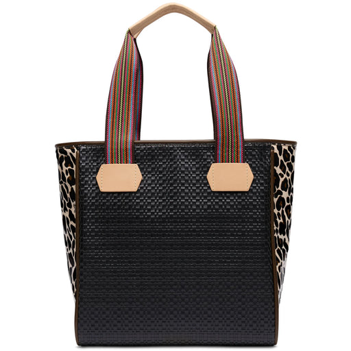 Black woven tote bag with leopard print accents and colorful straps on a white background
