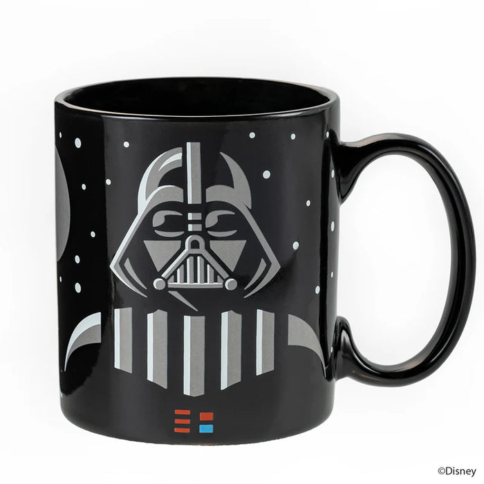 Black mug with Darth Vader design on a white background