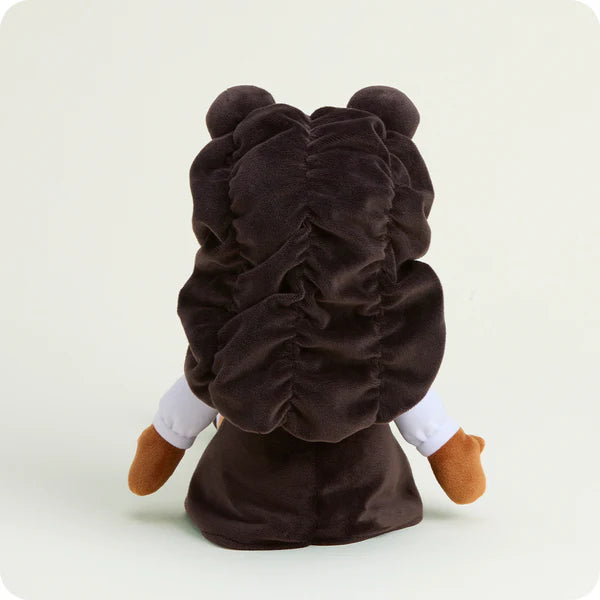 Plush toy with a brown hood and white sleeves on a light gray background