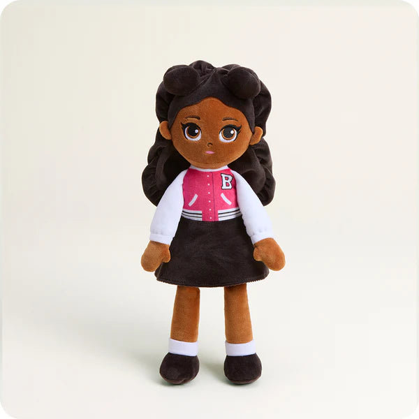 Plush toy of a girl in a pink and white jacket with a letter 'B' on a white background